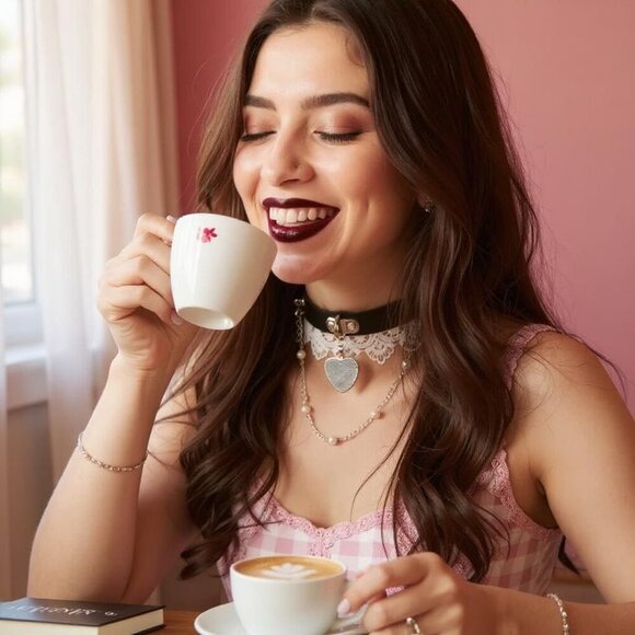 Dollskill Onyx Polished Hearts Lace Choker – Vegan Leather & Pearl Chain OS - Picture 3 of 6